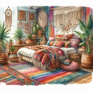 Conjunto de imágenes prediseñadas de dormitorio bohemio: 10 archivos JPG de acuarela de alta resolución para diarios basura, álbumes de recortes, creación de tarjetas, manualidades y descarga digital.