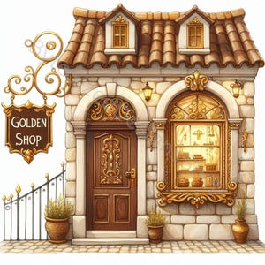 Juego de 10 imágenes prediseñadas de Golden Shop: archivos JPG de acuarela de alta resolución para diarios basura, álbumes de recortes, fabricación de tarjetas, manualidades, descargas digitales y fantasía
