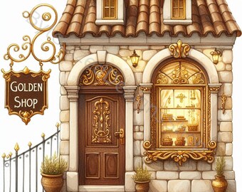 Golden Shop aquarel clipartset: hoge resolutie jpg's (digitale download)