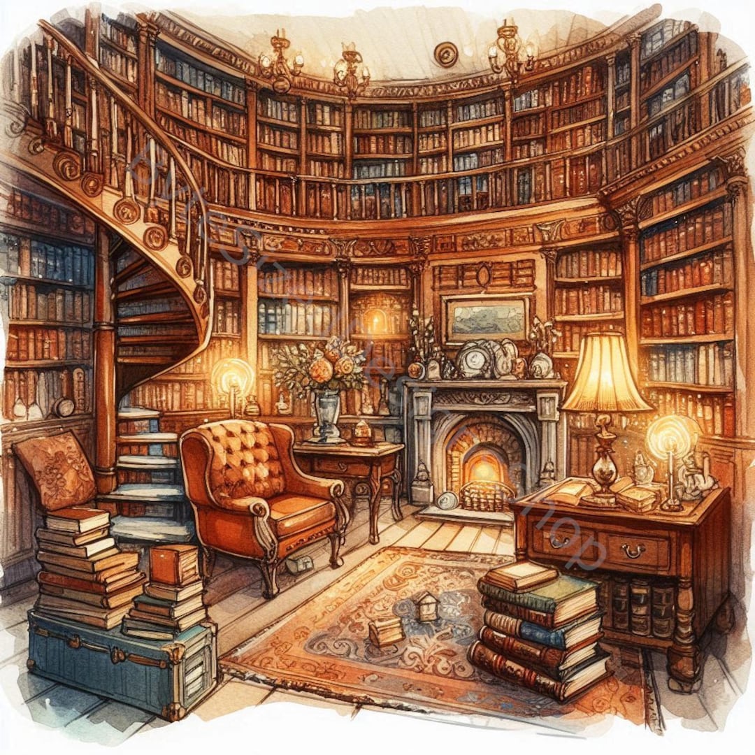 Antique Library Room Watercolor Clip Art: High-res Jpgs (digital ...