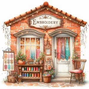 Ensemble de 10 images clipart de la boutique de broderie haute résolution JPG aquarelles pour la journalisation indésirable, le scrapbooking, la fabrication de cartes, les travaux manuels, le téléchargement numérique