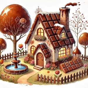 Conjunto de 10 imágenes prediseñadas de casas de chocolate en acuarela de alta resolución para diarios basura, álbumes de recortes, fabricación de tarjetas, manualidades y descargas digitales