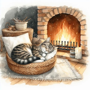 Conjunto de Clip Art de Gato Dormindo: 10 JPGs em aquarela de alta resolução para diário, scrapbooking, criação de cartões, artesanato, download digital e fantasia