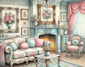 Shabby Chic Victorian Room Clip Art: Watercolor JPGs (Digital Download)