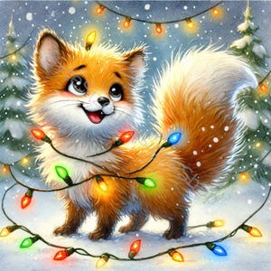 K&ouml;nnte beinhalten: Eine Aquarellillustration eines l&auml;chelnden Fuchses mit orange-wei&szlig;em Fell, umwickelt von einer Lichterkette mit bunten Weihnachtslichtern. Der Hintergrund zeigt schneebedeckte Tannen und Schneeflocken, die eine festliche Winterszene schaffen.