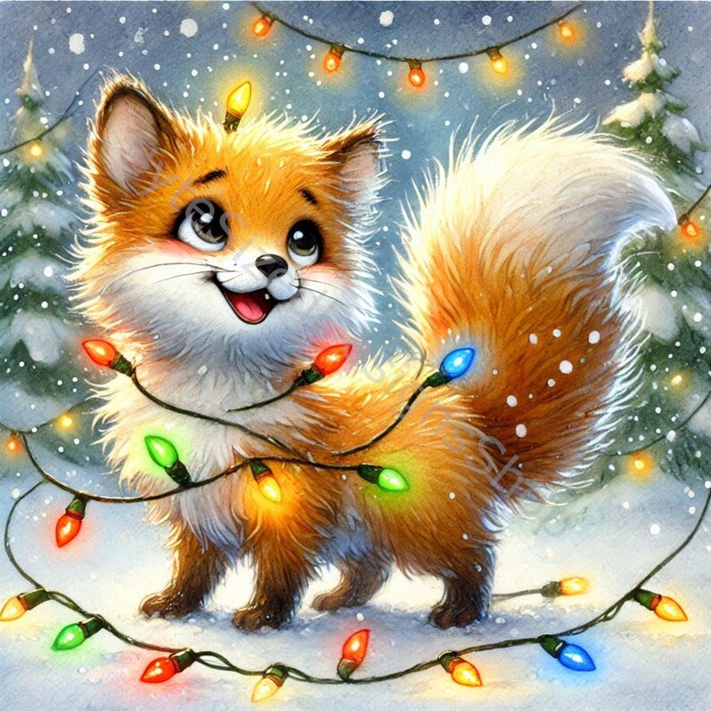 K&ouml;nnte beinhalten: Eine Aquarellillustration eines l&auml;chelnden Fuchses mit orange-wei&szlig;em Fell, umwickelt von einer Lichterkette mit bunten Weihnachtslichtern. Der Hintergrund zeigt schneebedeckte Tannen und Schneeflocken, die eine festliche Winterszene schaffen.
