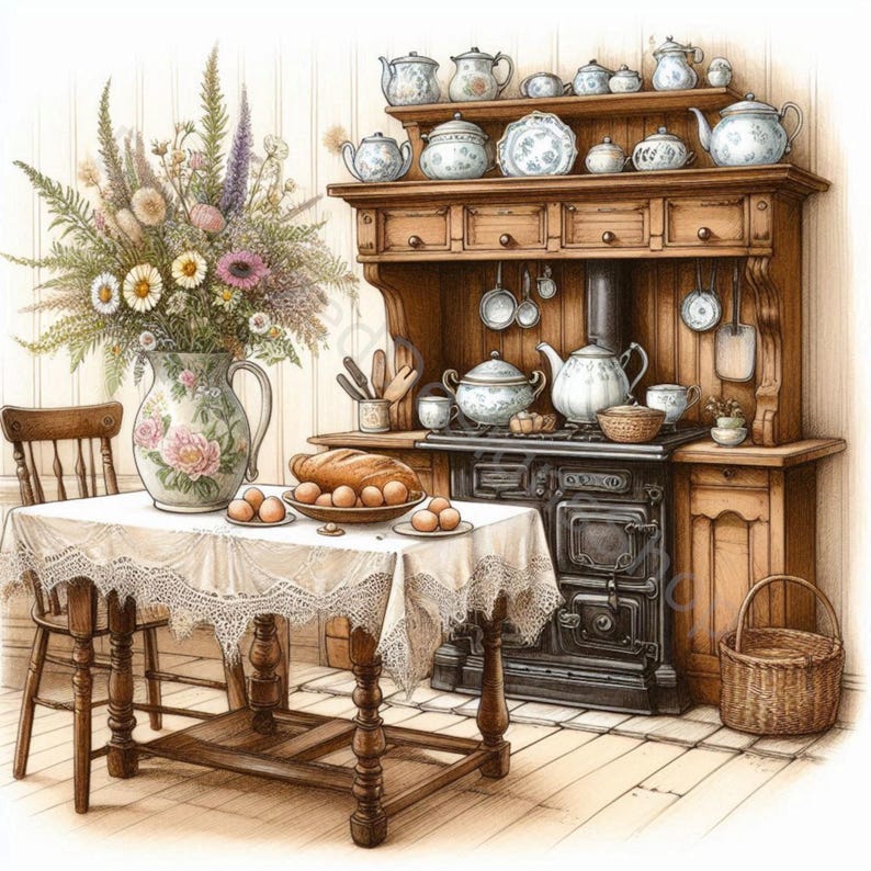 vintage floral kitchen scene clipart set graphic by... Victorian Kitchen Clip Art: High-res Watercolor Jpgs (digital Download ...