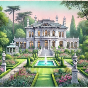 Ensemble de 10 images clipart du manoir majestueux aquarelle haute résolution pour la journalisation indésirable, le scrapbooking, la fabrication de cartes, l'artisanat, le téléchargement numérique