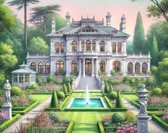 Majestic Mansion Clip Art Set 10 High Res Watercolor JPGs for Junk Journaling, Scrapbooking, Card Making, Crafts, Digital Download