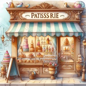 Patisserie Shop Clip Art Set 10 hochauflösende Aquarell JPGs für Junk Journaling, Scrapbooking, Kartenherstellung, digitaler Download, Fantasie, wunderlich