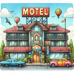 Set di clip art Vintage Motel 10 JPG ad alta risoluzione ad acquerello per Junk Journaling, Scrapbooking, creazione di biglietti, artigianato, download digitale
