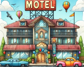 Vintage Motel Watercolor Clip Art: High-Res JPGs (Digital Download)