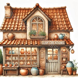 以下が含まれることがあります： テラコッタの屋根と「CLAY CREATIONS」と書かれた看板のある、小さな茶色の粘土の店。店の窓には、花瓶、ボウル、皿など、さまざまな陶器が飾られています。店の外には、鉢植えの植物もあります。