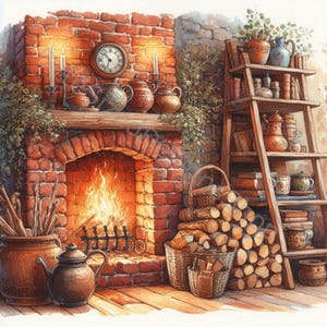 Watercolor Fireside Clip Art Set: Cozy Cottagecore Images (Digital Download)