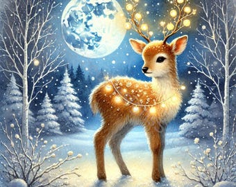 May include: A fawn with a string of lights around its antlers stands in a snowy forest under a full moon. The fawn is brown and white with a soft, fuzzy coat. The forest is covered in snow and there are trees in the background.