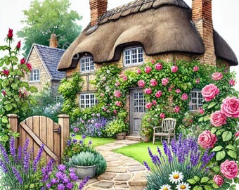 English Cottage Watercolor Clipart: Floral Cottagecore Art (Digital Download)