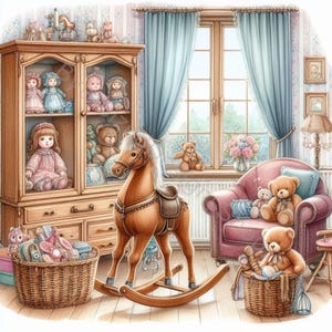 Skurril Spielzeug Zimmer Clip Art Set 10 hochauflösende JPGs in Aquarell Farben für Junk Journaling, Scrapbooking, Kartenherstellung, Basteln, digitaler Download