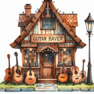 Conjunto de 10 imágenes prediseñadas de tienda de música en acuarela de alta resolución para diarios basura, álbumes de recortes, fabricación de tarjetas, manualidades y descargas digitales