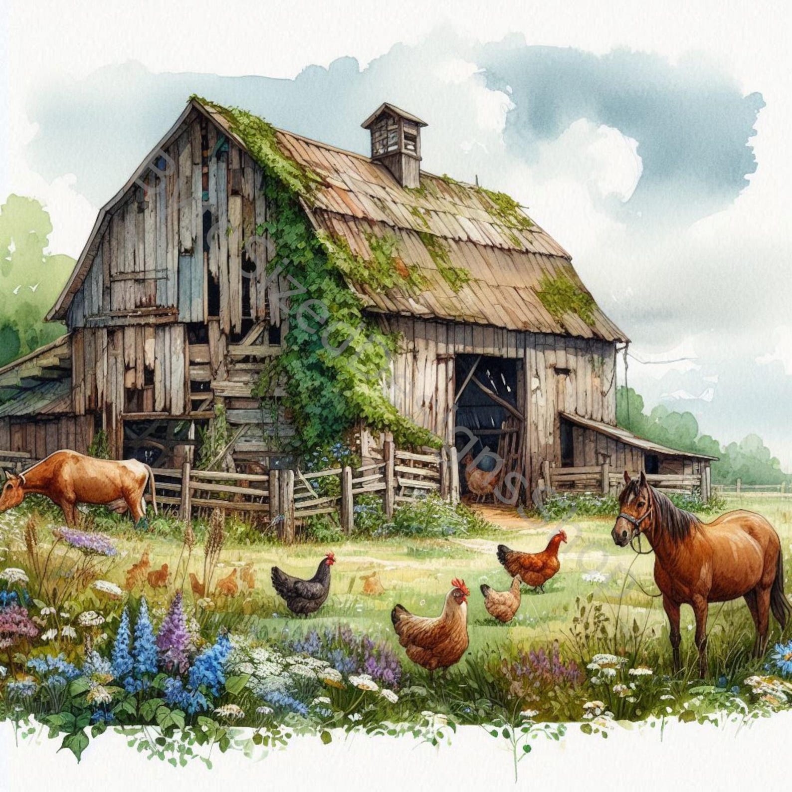Old Barn Clip Art Set 10 High Res Watercolor Jpgs for Junk Journaling ...