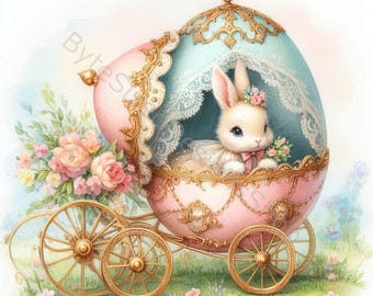 Vintage Easter Bunnies Watercolor Clipart: High-Res JPGs (Digital Download)