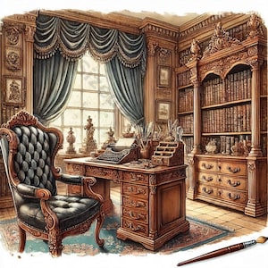 Puede incluir: Un escritorio de madera de estilo vintage con una silla de cuero negro en un ambiente de biblioteca. El escritorio tiene un acabado de madera oscura y tallas intrincadas. La silla tiene un respaldo alto y tapicería acolchada. La habitación está decorada con estanterías llenas de libros y otros elementos decorativos.