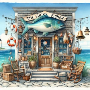 Zestaw klipartów Fish Shop 10 wysokiej rozdzielczości akwarelowych obrazów JPG do dzienników śmieciowych, scrapbookingu, tworzenia kartek, rzemiosła, pobierania cyfrowego
