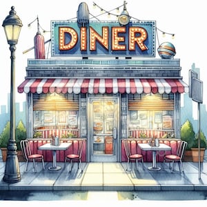 Diner-illustraties set 10 high-res aquarel jpg's voor junk journaling, scrapbooking, kaarten maken, ambachten, digitale download
