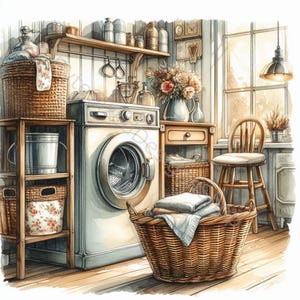 Juego de 10 imágenes prediseñadas de lavandería en acuarela de alta resolución para diarios basura, álbumes de recortes, fabricación de tarjetas, manualidades y descargas digitales