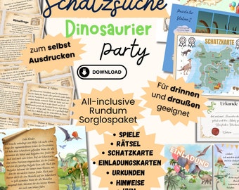 Dinosaurier Schnitzeljagd für Kindergeburtstag, Schatzsuche Dinos für drinnen, draußen Spielplatz, 4 5 6 7 8 Jahre, PDF zum Ausdrucken