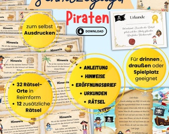 Schnitzeljagd Piraten zum Ausdrucken, Schatzsuche Piraten für drinnen, draußen und Spielplatz,  4 5 6 7 8 9 Jahre, Schnitzeljagd ausdrucken