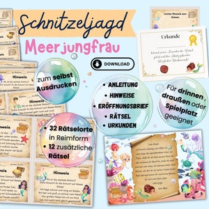 Meerjungfrau Schnitzeljagd zum Ausdrucken, Schatzsuche Nixe für drinnen, draußen und Spielplatz,  4 5 6 7 8 9 Jahre, Schnitzeljagd drucken