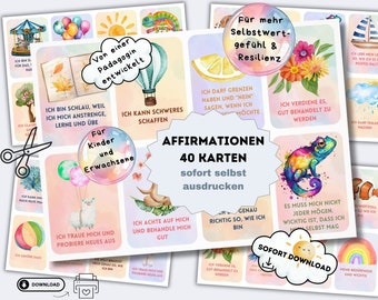 Affirmationskarten für Kinder zum ausdrucken, positive Glaubenssätze für Erwachsene zum ausdrucken, Mutmachkarten für Kinder Schule, PDF