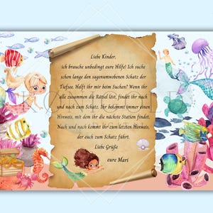 Peut inclure: Une illustration aquarelle d'une invitation &agrave; la chasse au tr&eacute;sor avec une sir&egrave;ne et un coffre au tr&eacute;sor. Le texte dit : "Liebe Kinder, ich brauche unbedingt eure Hilfe! Ich suche schon lange den sagenumwobenen Schatz der Tiefsee. Helft ihr mir beim Suchen? Wenn ihr alle zusammen die R&auml;tsel l&ouml;st, findet ihr nach und nach zum Schatz. Ihr bekommt immer einen Hinweis, mit dem ihr die n&auml;chste Station findet. Nach und nach kommt ihr zum letzten Hinweis, der euch zum Schatz f&uuml;hrt. Liebe Gr&uuml;&szlig;e eure Mari"