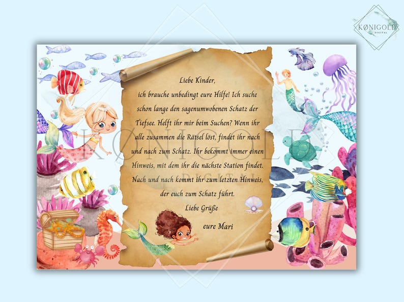 Peut inclure: Une illustration aquarelle d'une invitation &agrave; la chasse au tr&eacute;sor avec une sir&egrave;ne et un coffre au tr&eacute;sor. Le texte dit : "Liebe Kinder, ich brauche unbedingt eure Hilfe! Ich suche schon lange den sagenumwobenen Schatz der Tiefsee. Helft ihr mir beim Suchen? Wenn ihr alle zusammen die R&auml;tsel l&ouml;st, findet ihr nach und nach zum Schatz. Ihr bekommt immer einen Hinweis, mit dem ihr die n&auml;chste Station findet. Nach und nach kommt ihr zum letzten Hinweis, der euch zum Schatz f&uuml;hrt. Liebe Gr&uuml;&szlig;e eure Mari"