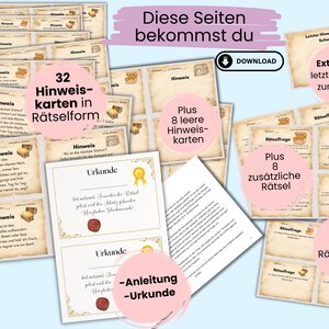May include: A set of 32 printable treasure hunt clue cards in a vintage style with a gold chest design. The set includes 8 blank clue cards, 8 blank riddle cards, and an extra card for the final clue. The set also includes two printable certificates.