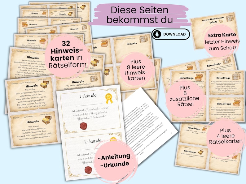 May include: A set of 32 printable treasure hunt clue cards in a vintage style with a gold chest design. The set includes 8 blank clue cards, 8 blank riddle cards, and an extra card for the final clue. The set also includes two printable certificates.
