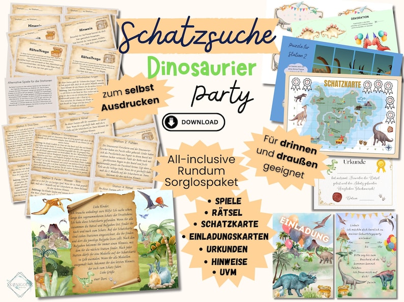 Schnitzeljagd Dinosaurier Kindergeburtstag für drinnen und draußen zum selbst ausdrucken für 4 5 6 7 8 Jahre