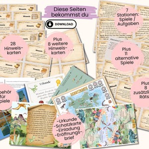 May include: A printable set of dinosaur-themed party games and activities. The set includes 28 clue cards, 8 additional clue cards, 7 game stations, 11 alternative games, 8 additional riddles, a treasure map, a certificate, an invitation, and a welcome letter. The set is designed for a dinosaur-themed party.