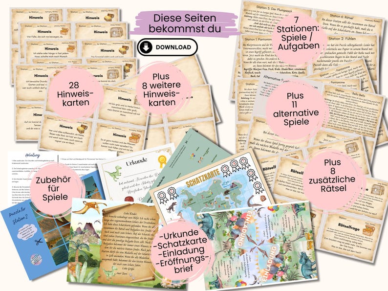 May include: A printable set of dinosaur-themed party games and activities. The set includes 28 clue cards, 8 additional clue cards, 7 game stations, 11 alternative games, 8 additional riddles, a treasure map, a certificate, an invitation, and a welcome letter. The set is designed for a dinosaur-themed party.