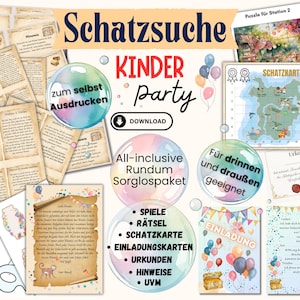 Schnitzeljagd für Kindergeburtstag, Schatzsuche für drinnen, draußen und Spielplatz,  4 5 6 7 8 Jahre, PDF zum Ausdrucken, Ohne Thema Motto