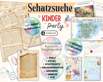 Schnitzeljagd für Kindergeburtstag, Schatzsuche für drinnen, draußen und Spielplatz, 4 5 6 7 8 Jahre, PDF zum Ausdrucken, Ohne Thema Motto