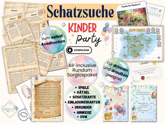Schnitzeljagd für Kindergeburtstag, Schatzsuche für drinnen, draußen und Spielplatz,  4 5 6 7 8 Jahre, PDF zum Ausdrucken, Ohne Thema Motto