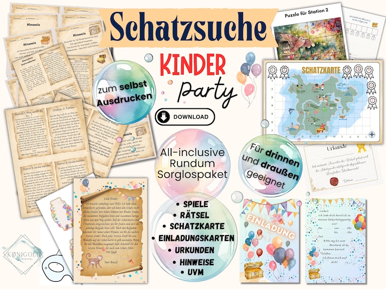 May include: A printable treasure hunt party kit for kids. The kit includes a treasure map, invitations, clues, and certificates. The kit is designed for indoor or outdoor use.  The text on the image reads "Schatzsuche Kinder Party" and "All-inclusive Rundum Sorglospaket".