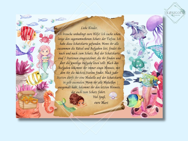 Puede incluir: Un mapa del tesoro con una ilustraci&oacute;n de sirena y un texto que dice: "Liebe Kinder, ich brauche unbedingt eure Hilfe! Ich suche schon lange den sagenumwobenen Schatz der Tiefsee. Ich habe diese Schatzkarte gefunden. Wenn ihr alle zusammen die R&auml;tsel und Aufgaben l&ouml;st, findet ihr nach und nach zum Schatz. Auf der Schatzkarte sind 7 Stationen eingezeichnet, die ihr finden und dort die jeweilige Aufgabe l&ouml;sen sollt. Nach den Aufgaben bekommt ihr immer einen Hinweis, mit dem ihr die n&auml;chste Station findet. Nach jeder Station d&uuml;rft ihr eine Medaille auf der Schatzkarte in gelb ausmalen. Wenn ihr alle Medaillen ausgemalt habt, bekommt ihr den letzten Hinweis, der euch zum Schatz f&uuml;hrt. Viel Spa&szlig;, eure Mari"