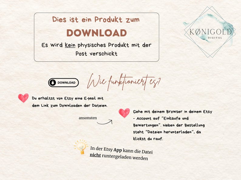 May include: A digital download product graphic with the text "Dies ist ein Produkt zum DOWNLOAD Es wird kein physisches Produkt mit der Post verschickt" and "Wie funktioniert es?" with instructions on how to download the product.