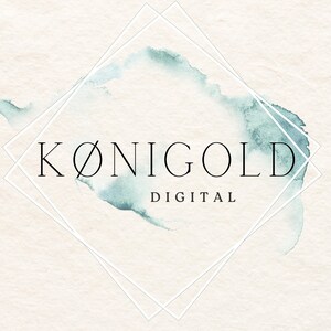 Peut inclure: Un logo pour Konigold Digital, une entreprise qui fournit des services num&eacute;riques. Le logo pr&eacute;sente le nom de l'entreprise dans une police simple et moderne, plac&eacute;e dans un losange. Le losange est rempli d'une lavis aquarelle bleu clair.