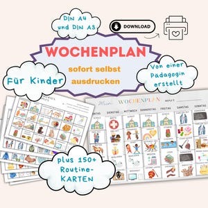 以下が含まれることがあります： 150枚以上のルーチンカード付きの子供向けの印刷可能な週間プランナー。プランナーはドイツ語で、学校、診療所、その他の活動のイラストが描かれたカラフルなデザインです。プランナーのテキストには、「Wochenplan」と「sofort selbst ausdrucken」と書いてあります。