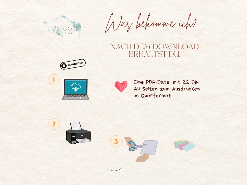 May include: A digital download of a PDF file with 22 printable pages in landscape format. The image shows a laptop with a download icon, a printer, and a pair of scissors cutting a sheet of paper.