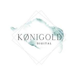 May include: A logo for a company called "K&Oslash;NIGOLD DIGITAL" with a watercolor background and a geometric frame.