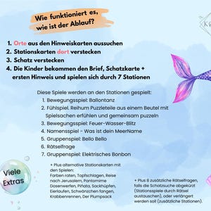 Puede incluir: Una ilustraci&oacute;n colorida con instrucciones para un juego de b&uacute;squeda del tesoro. La imagen presenta una sirena, un cofre del tesoro, globos y una lista de ideas de juegos. El texto dice "Wie funktioniert es, wie ist der Ablauf?" y "Viele Extras".